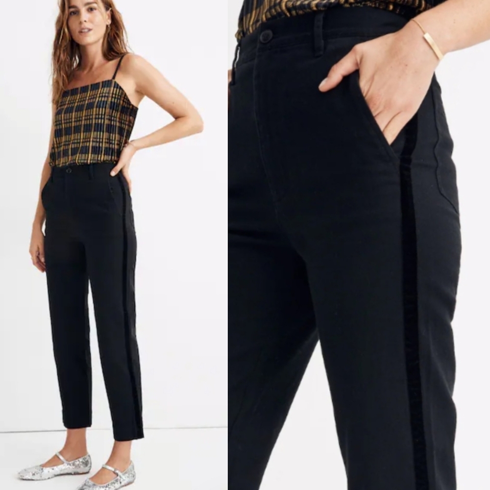 MADEWELL HIGH RISE BLACK TAPERED JEANS WITH VELVET TUXEDO STRIPE SIZE 26